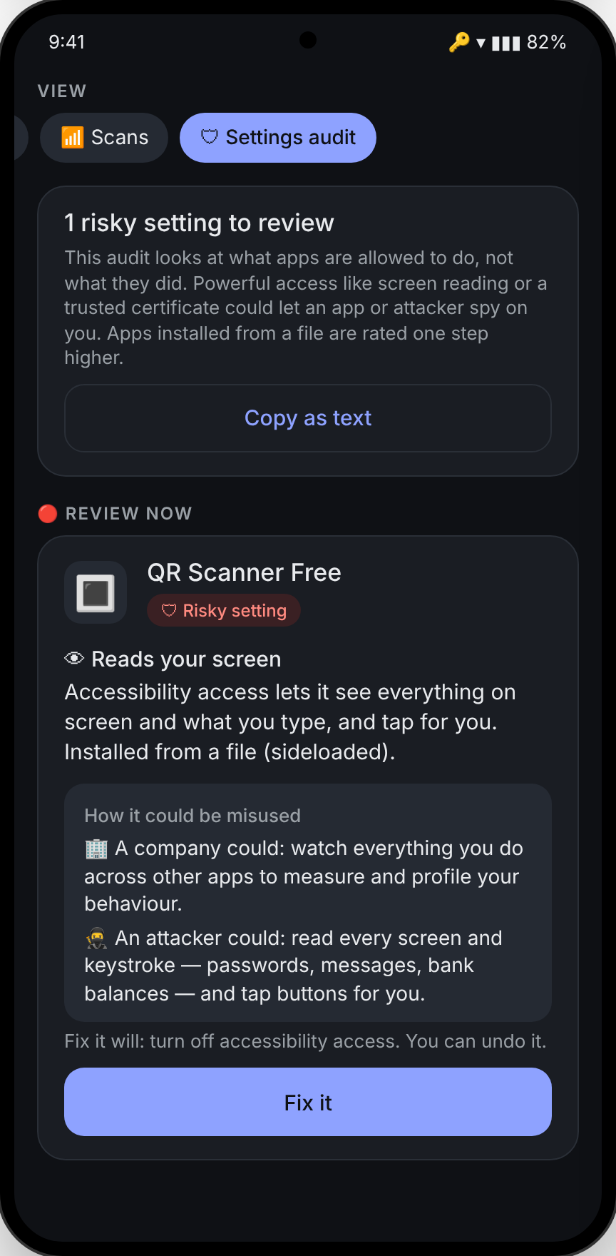 Settings audit showing a sideloaded QR scanner with accessibility access flagged for review