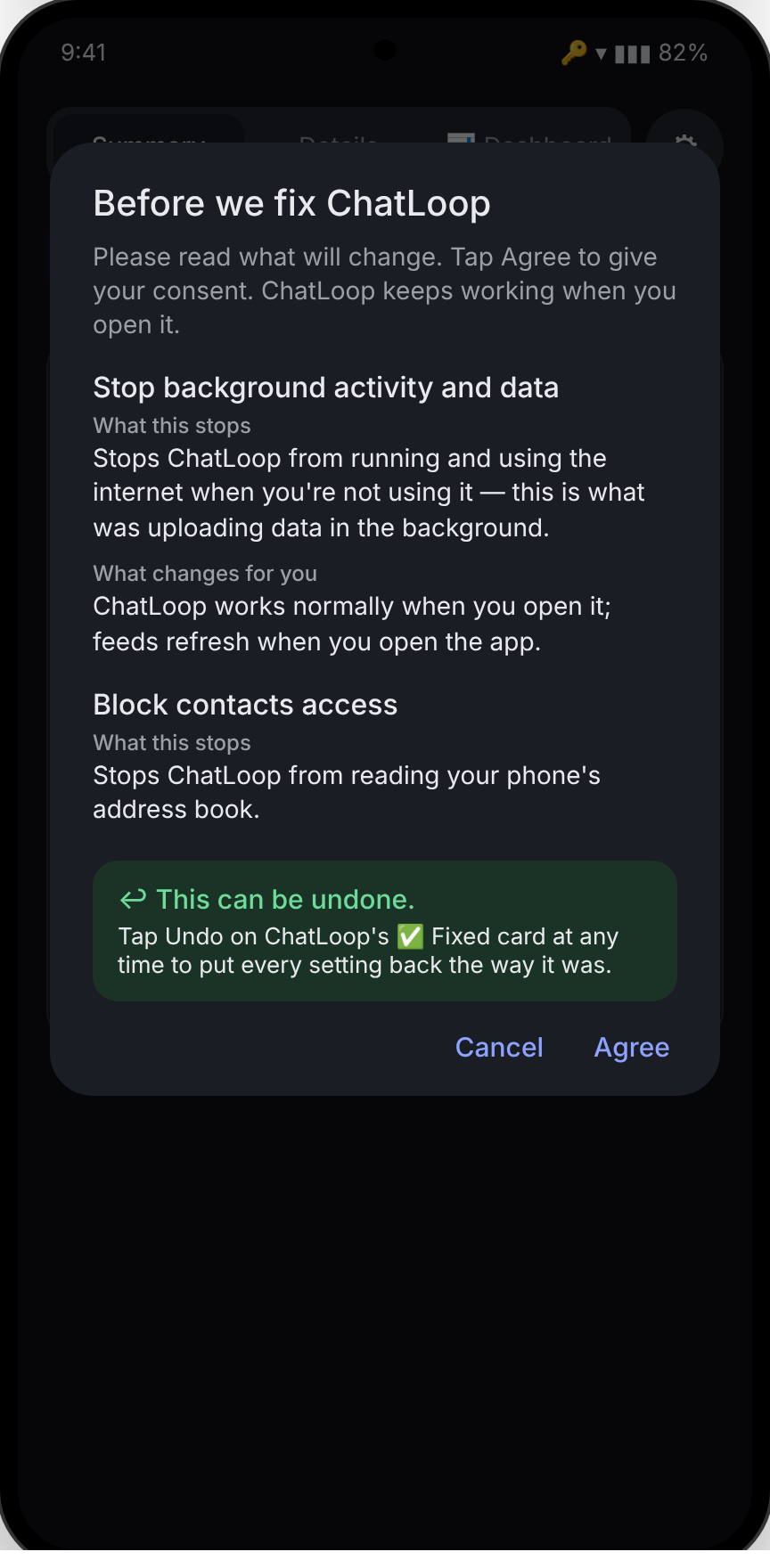 Fix it confirmation listing battery restriction, background data block and contacts block