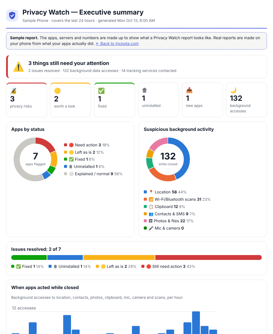 Sample executive summary report with status tiles and donut charts