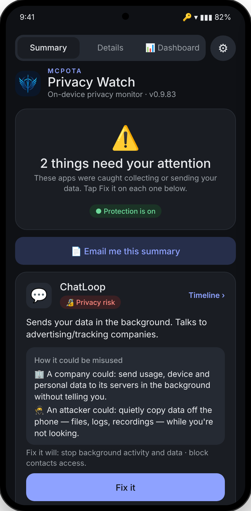 Privacy Watch's Summary screen listing three apps that need attention, with Fix it buttons