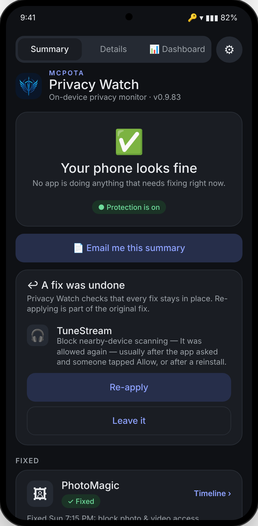 A card saying a fix was undone for a music app, with Re-apply and Leave it buttons